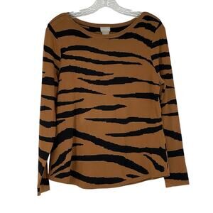 Chico’s Black Brown Zebra Stripe Long Sleeve Top Sz 1 Med Petite Mob Wife Animal